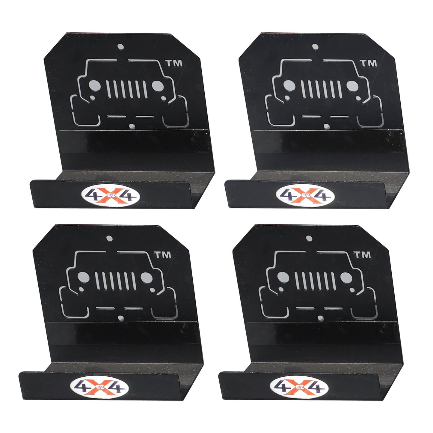 Close-up of 4 black EZ4X4 door hangers, showing heavy-duty construction for secure, space-saving vehicle door storage.