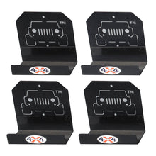 Close-up of 4 black EZ4X4 door hangers, showing heavy-duty construction for secure, space-saving vehicle door storage.