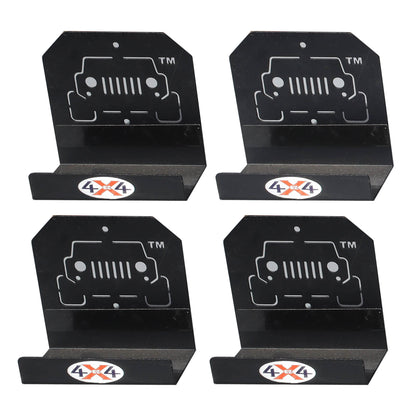 Close-up of 4 black EZ4X4 door hangers, showing heavy-duty construction for secure, space-saving vehicle door storage.