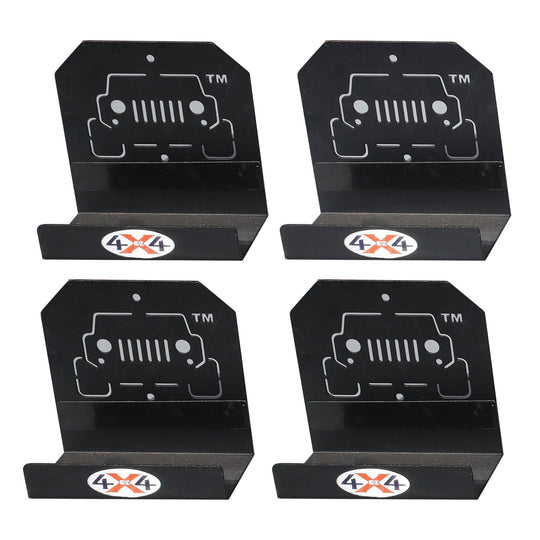Close-up of 4 black EZ4X4 door hangers, showing heavy-duty construction for secure, space-saving vehicle door storage.