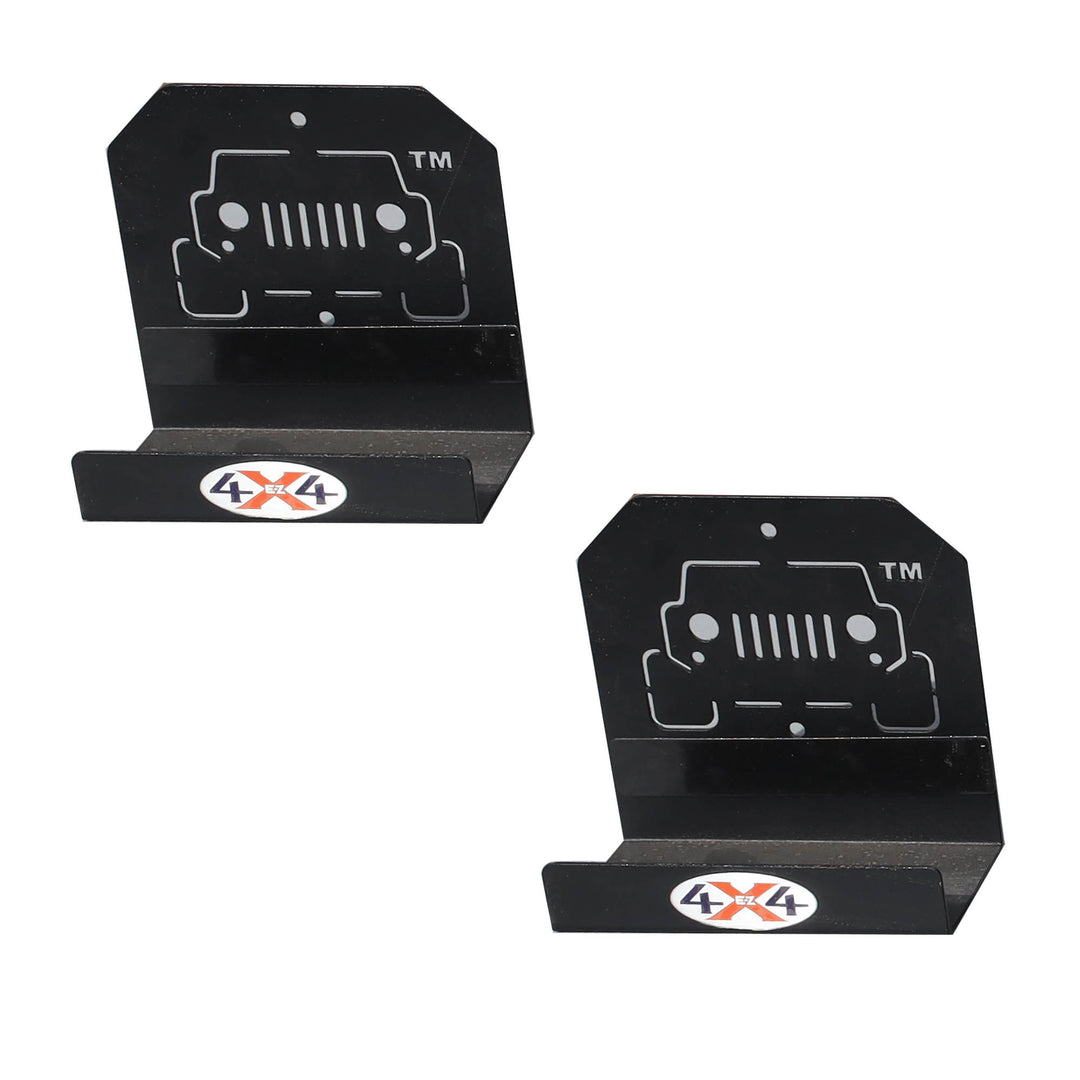 Close-up of 2 black EZ4X4 door hangers, showing heavy-duty construction for secure, space-saving vehicle door storage.