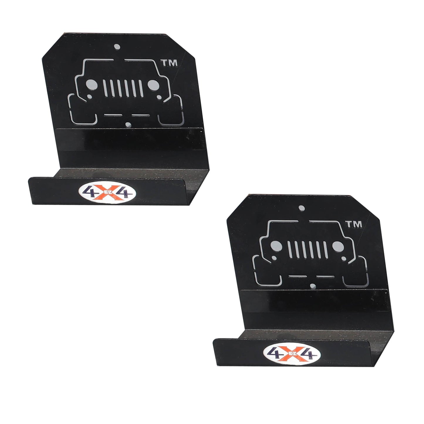 Close-up of 2 black EZ4X4 door hangers, showing heavy-duty construction for secure, space-saving vehicle door storage.