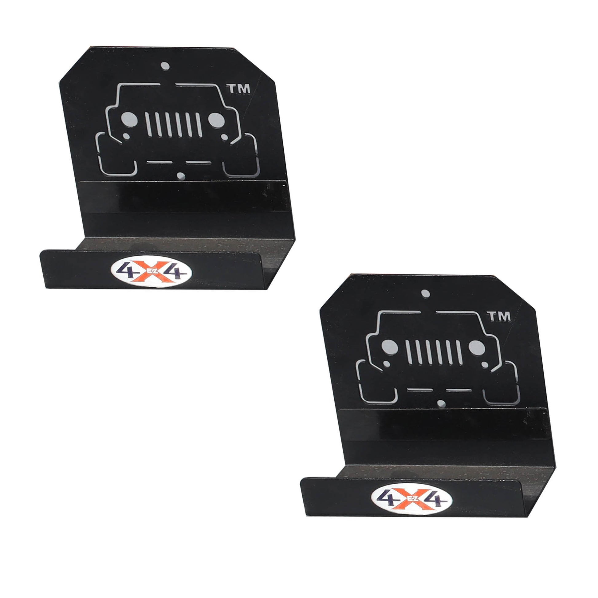 Close-up of 2 black EZ4X4 door hangers, showing heavy-duty construction for secure, space-saving vehicle door storage.