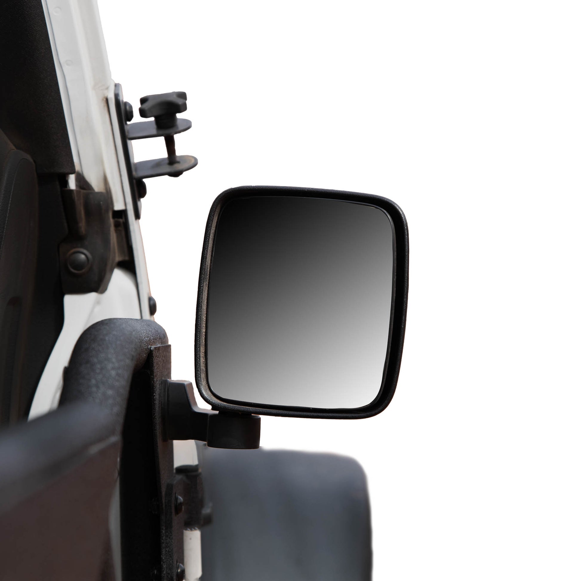 Rectangular aluminum side mirror designed for Jeep Wrangler and Gladiator, shown mounted, offering a durable upgrade.