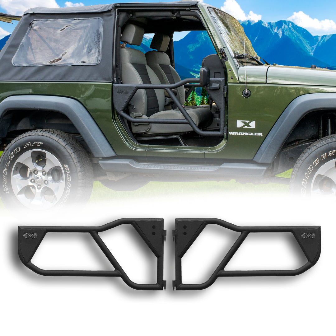 Green Jeep with EZ4X4 black Razor half-tube aluminum doors installed, also shown on white background to highlight design.