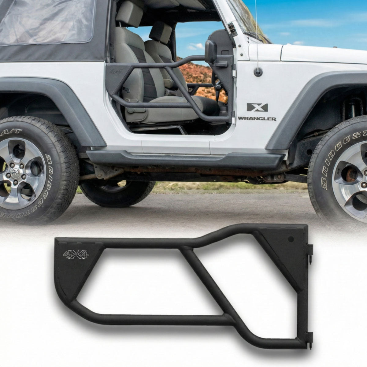 Green Jeep with EZ4X4 black Razor half-tube aluminum doors installed, also shown on white background to highlight design.