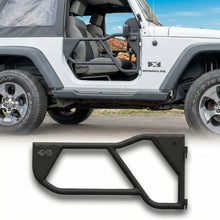 Green Jeep with EZ4X4 black Razor half-tube aluminum doors installed, also shown on white background to highlight design.
