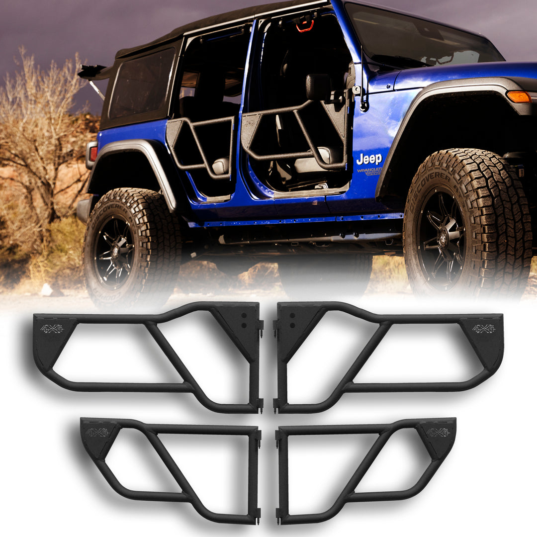 Blue Jeep with EZ4X4 black Razor half-tube aluminum doors installed, also shown on white background to highlight design.