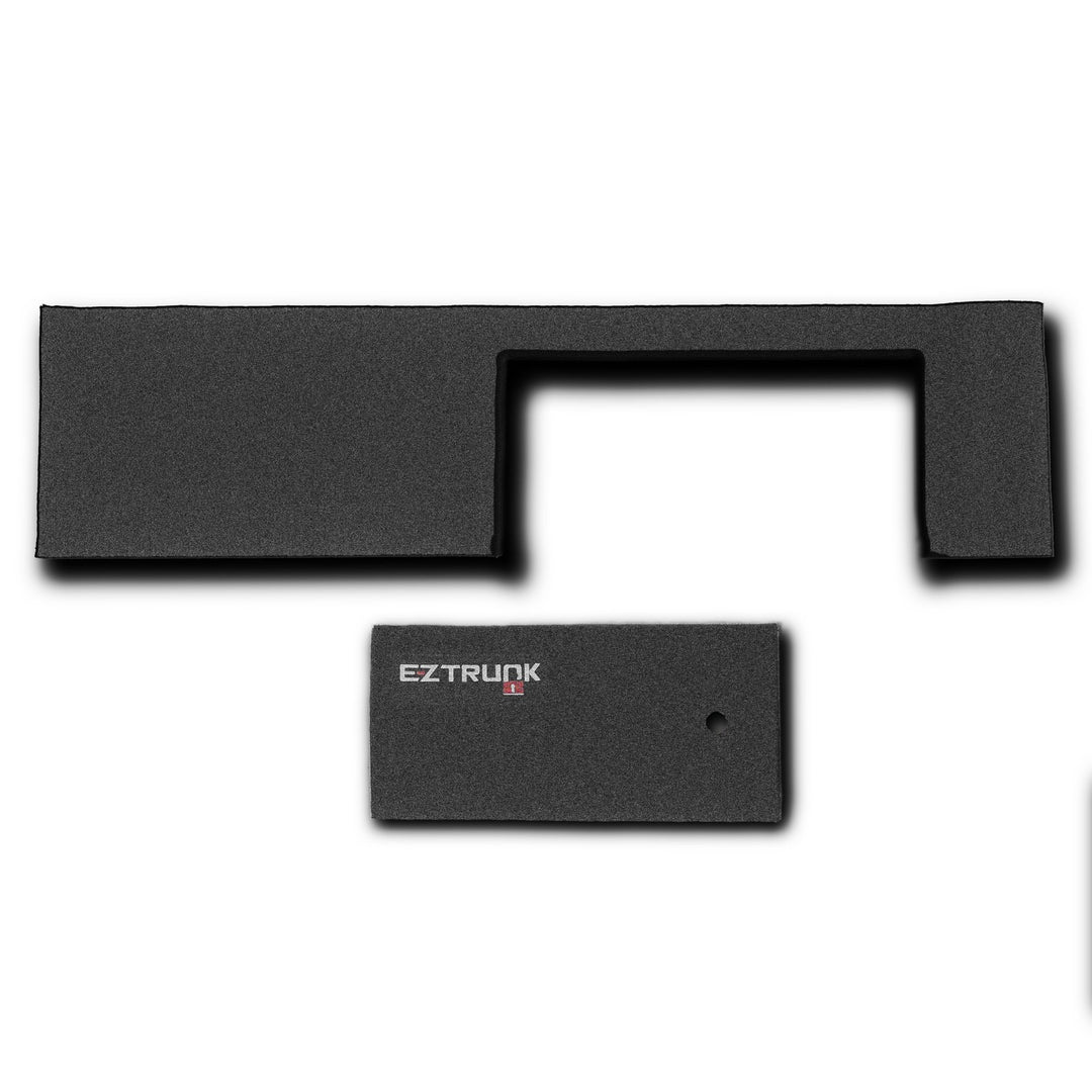 Black rectangular EZTrunk carpet for JL shown on white background, highlighting sleek design and branded aftermarket cargo storage.