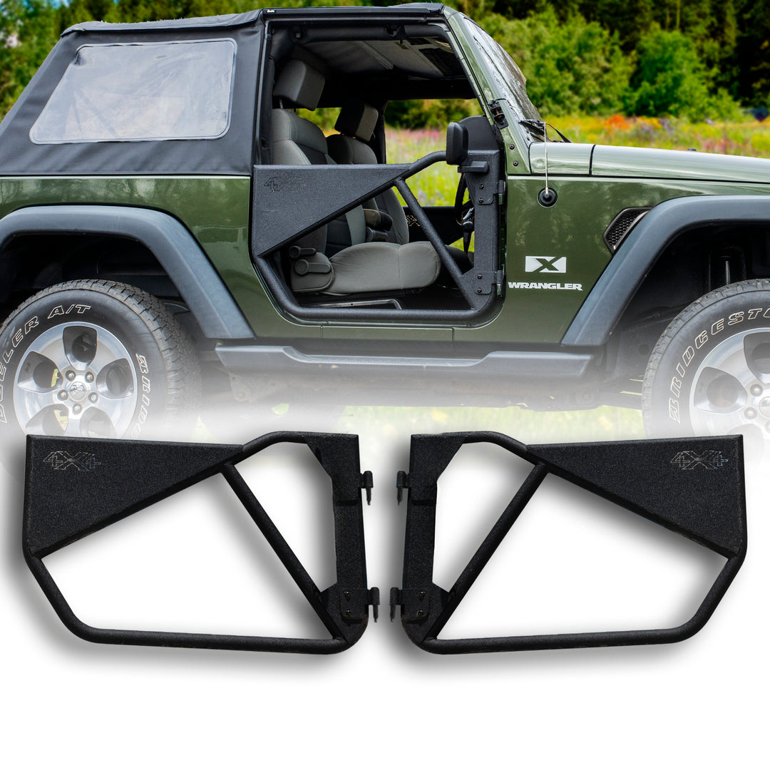 Green Jeep with black removable Phantom aluminum doors, featuring modular design and off-road protection with rugged style.