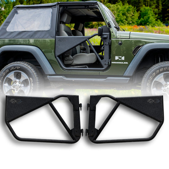 Green Jeep with black removable Phantom aluminum doors, featuring modular design and off-road protection with rugged style.