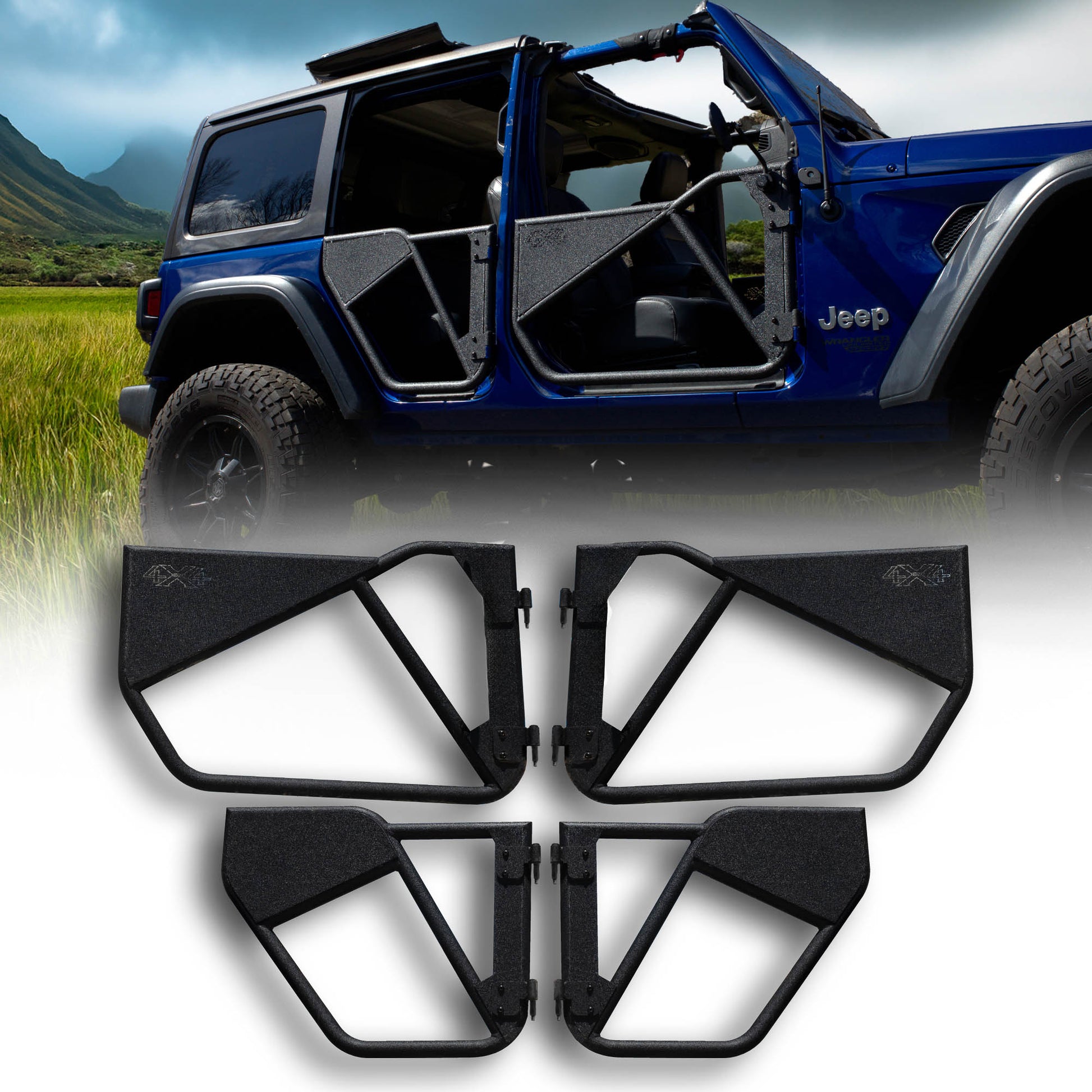 Blue Jeep Wrangler equipped with EZ4X4 Phantom Tube Doors, with a full set of four black tube doors displayed in detail in the foreground.