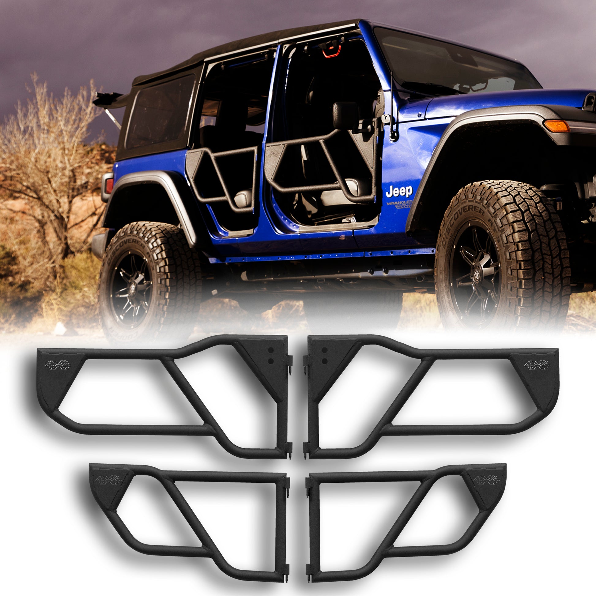 Blue Jeep Wrangler JLU with black EZ4X4 Razor half-tube doors installed, also shown separately on white background.