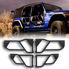 Blue Jeep Wrangler JLU with black EZ4X4 Razor half-tube doors installed, also shown separately on white background.