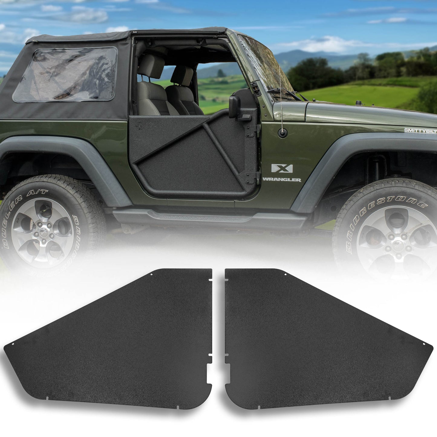 Green Jeep with black Phantom doors and panels, plus close-up on white background showing rugged off-road aftermarket style.