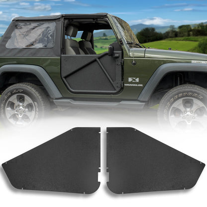 Green Jeep with black Phantom doors and panels, plus close-up on white background showing rugged off-road aftermarket style.