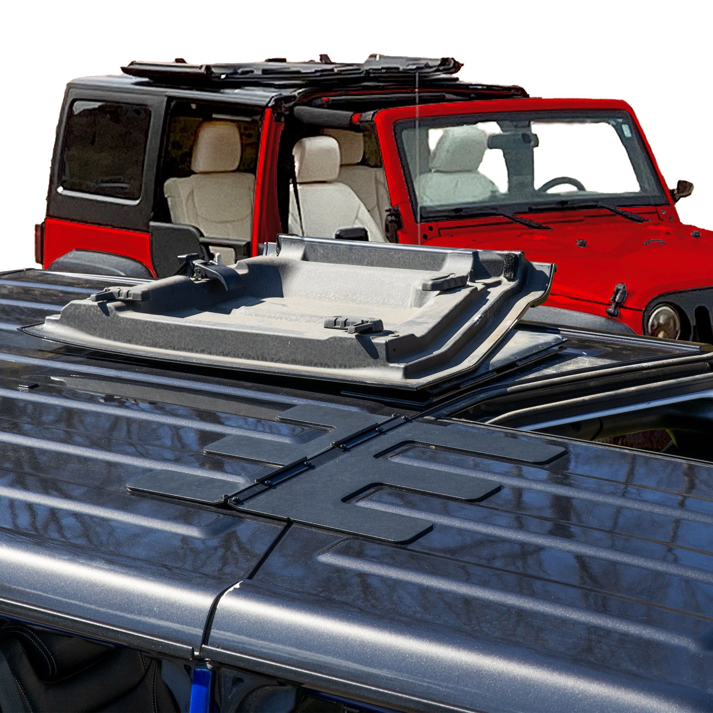 Jeep showing one Freedom Panel open another closed with EZ FlipTop hinges; red Jeep in background with panels flipped up.