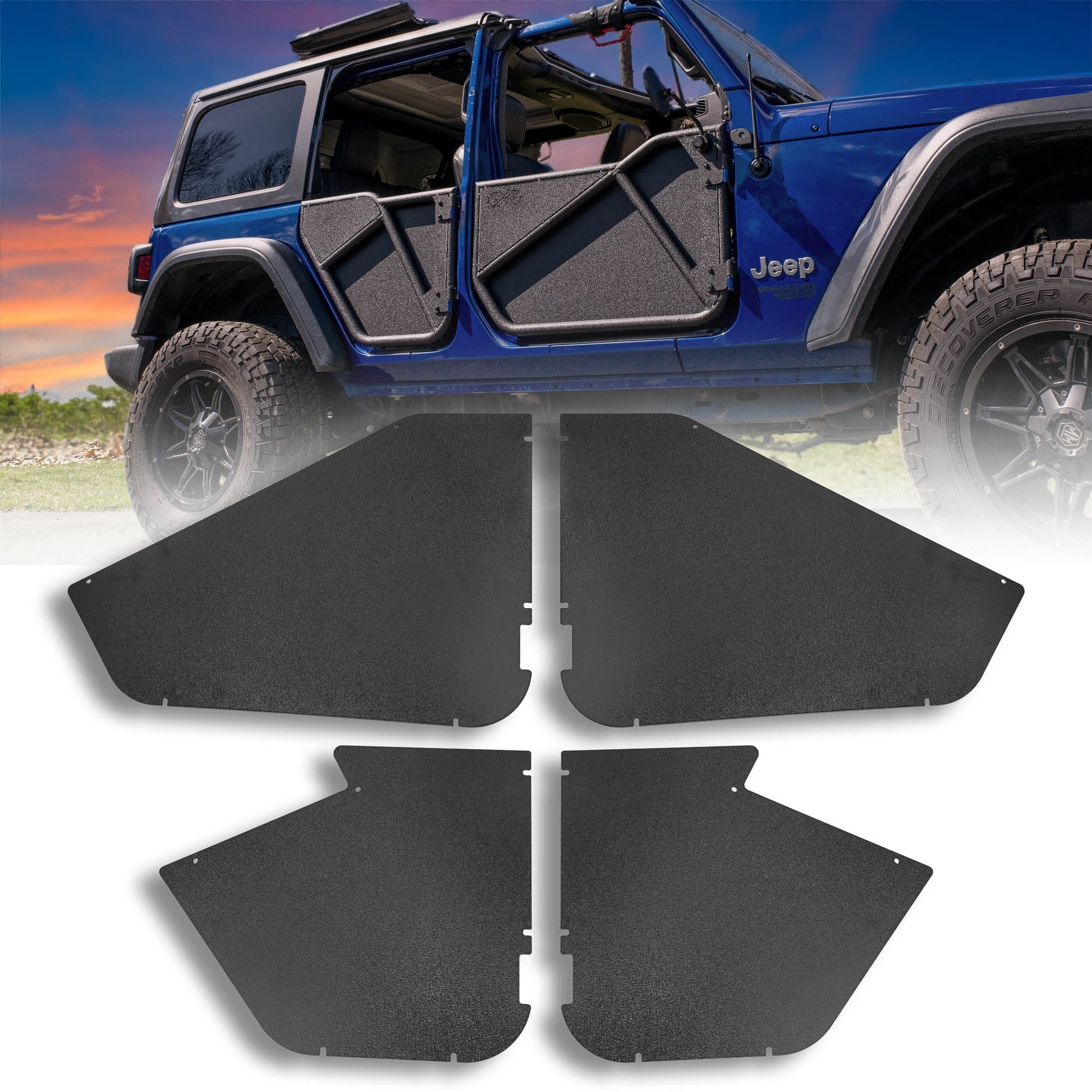 Blue Jeep Wrangler equipped with EZ4X4 Phantom Tube Doors, with all-weather panels shown in detail in the foreground.