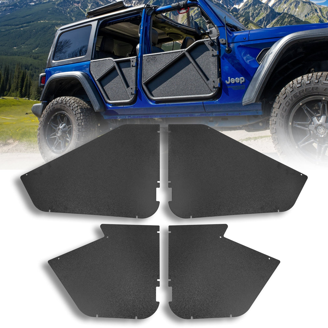 Blue Jeep Wrangler with black Phantom aluminum doors and all-weather panels, showcasing rugged, removable, off-road design.