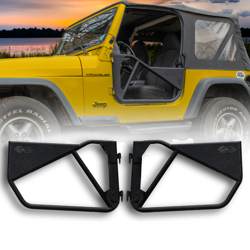 Yellow Jeep Wrangler with black EZ4X4 Phantom Tube Doors installed, with an additional set of doors shown below for detail reference.