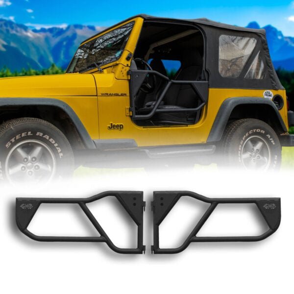 Yellow Jeep with black Razor removable doors and all-weather panels, showcasing rugged, trail-ready off-road design.