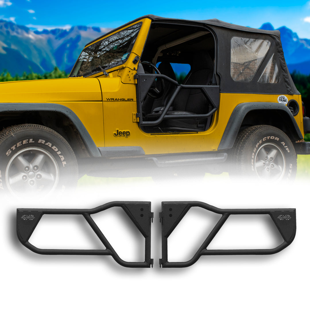 Yellow Jeep with EZ4X4 black Razor half-tube aluminum doors installed, also shown on white background to highlight design.