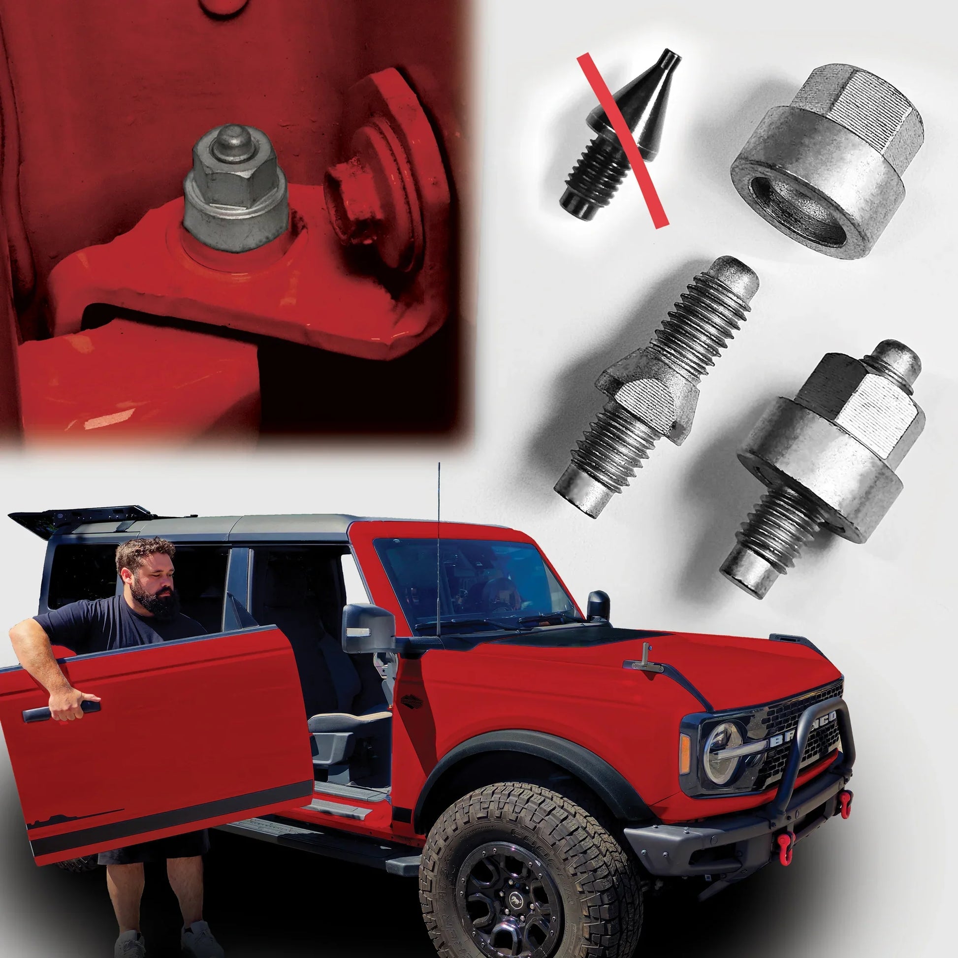 Red Ford Bronco with door alignment pins beside it; person by open driver door demonstrates door installation/removal.