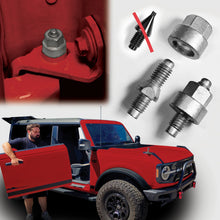 Red Ford Bronco with door alignment pins beside it; person by open driver door demonstrates door installation/removal.