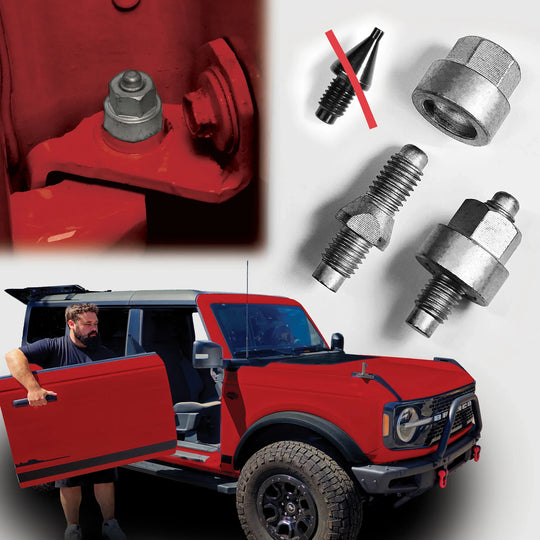 Red Ford Bronco with door alignment pins beside it; person by open driver door demonstrates door installation/removal.