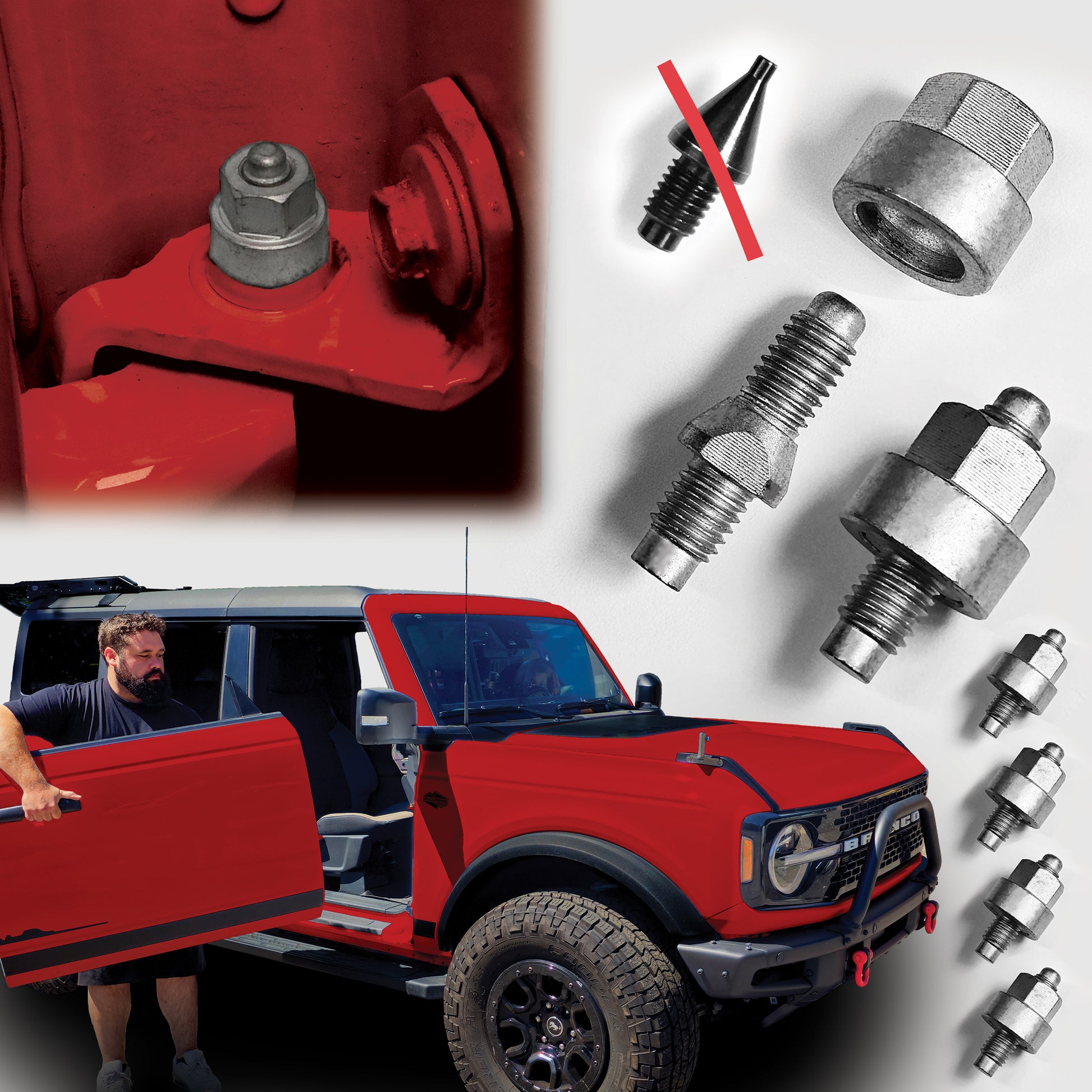 Red Ford Bronco with door alignment pins beside it; person by open driver door demonstrates door installation/removal.