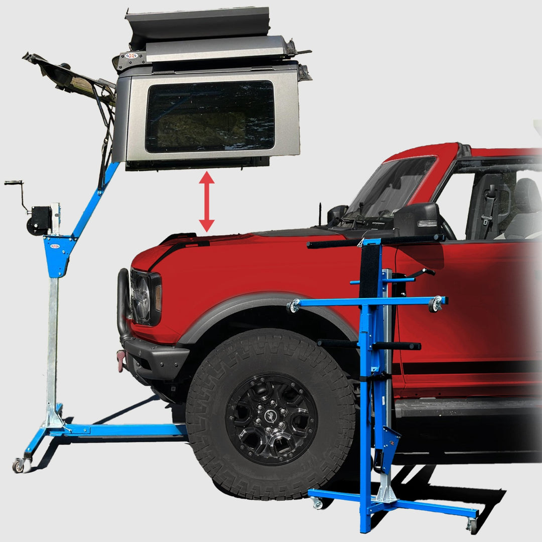 Hardtop stored on lift remover, showing distance between hardtop and front of red Bronco for safe, easy removal.