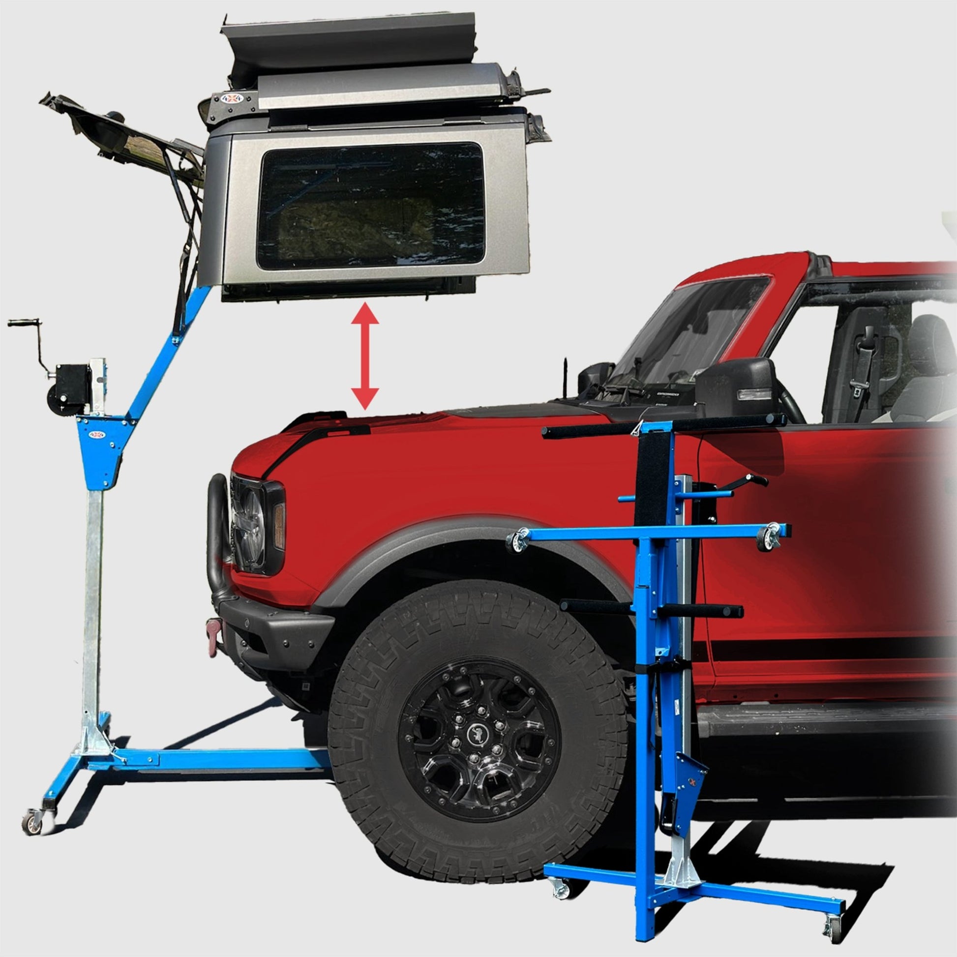 EZ4X4 Hardtop Lift Remover storing a hardtop above a red Ford Bronco, demonstrating safe removal distance.
