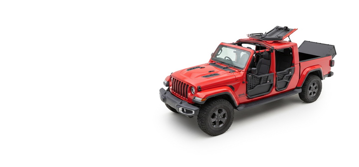 Red Jeep JT Gladiator with EZ4X4 Tailgate Extender & Secure Bed Box, EZ FlipTop system, and black Alpha Tube Doors with MOLLE panels.