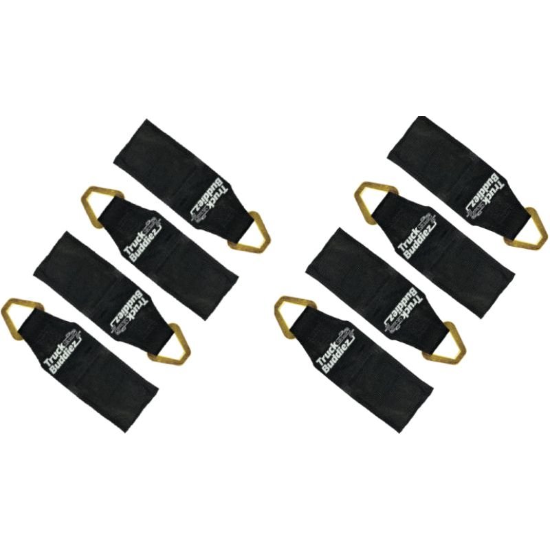 Black Truck Buddiez bed anchor straps shown on white background, highlighting durable design and reliable cargo securing.