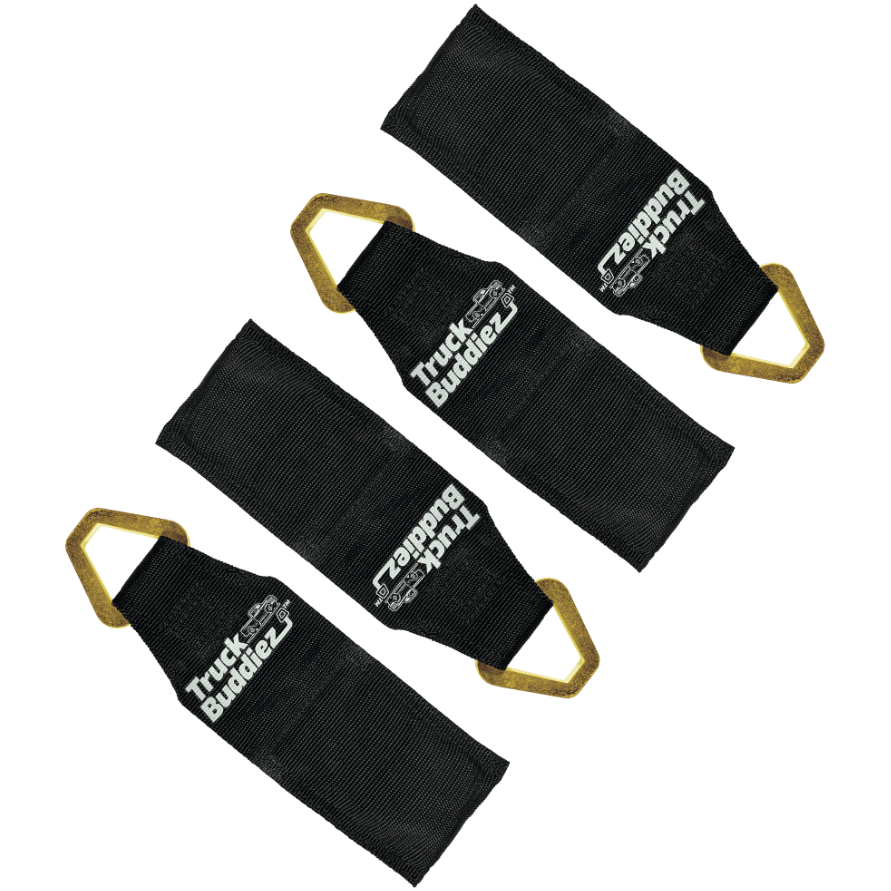 Black Truck Buddiez bed anchor straps shown on white background, highlighting durable design and reliable cargo securing.