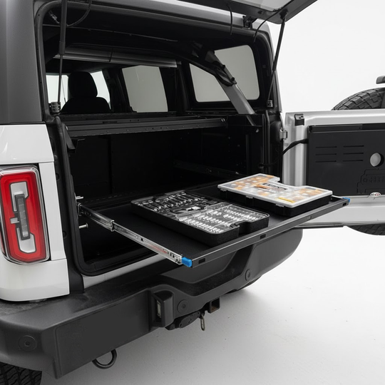 Angled view of white Ford Bronco with the EZ4X4 Extreme EZTRUNK shelf pulled out, actively supporting tools and acting as a convenient portable work table.
