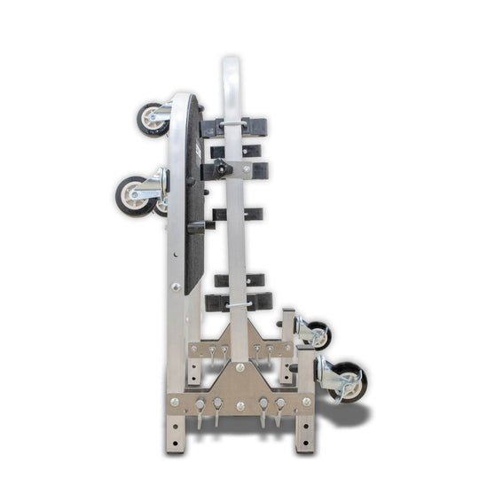 Side view of EZ4X4 aluminum rolling door cart compacted against white background, showing space-saving storage design.