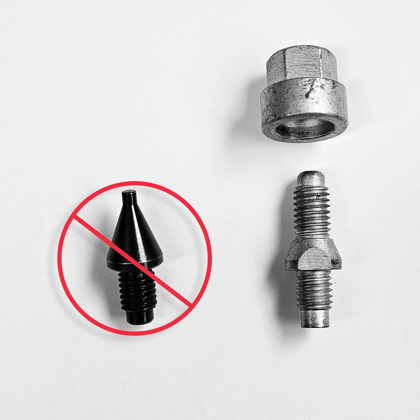 EZ4x4 Ford Bronco door alignment pins shown beside factory bolt for easier door install and secure fit.