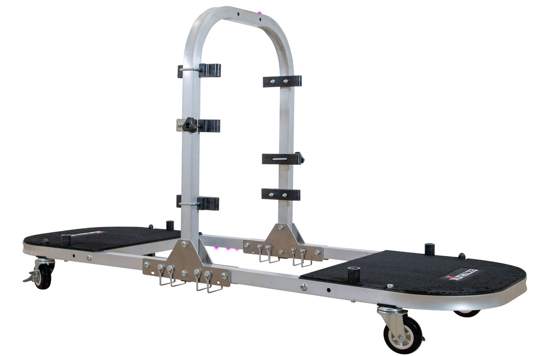 Expanded, empty EZ4X4 aluminum door cart against white background, showing durable frame and ready-to-use storage design.