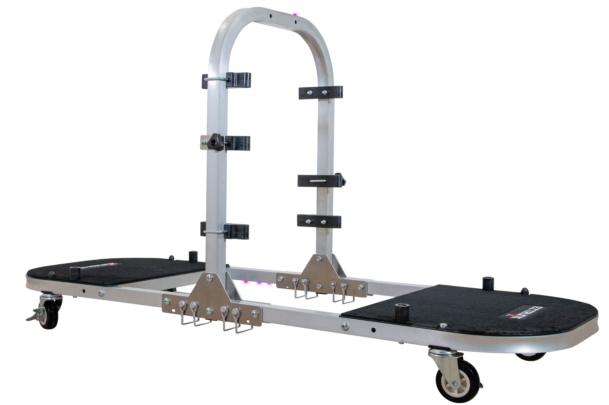 Expanded, empty EZ4X4 aluminum door cart against white background, showing durable frame and ready-to-use storage design.