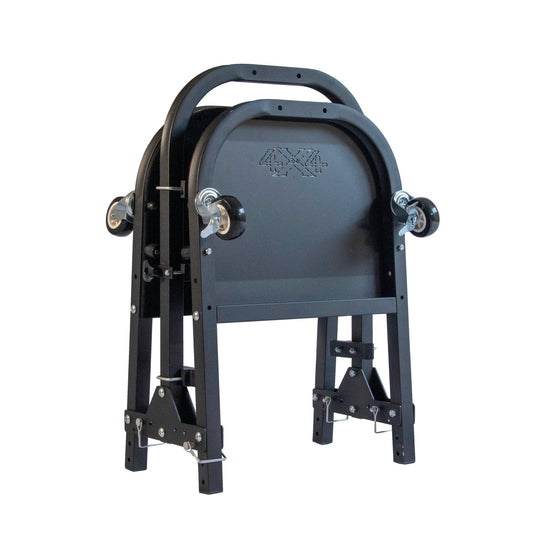 Close-up of EZ4X4 black rolling door cart compacted against white background, showing space-saving storage design.