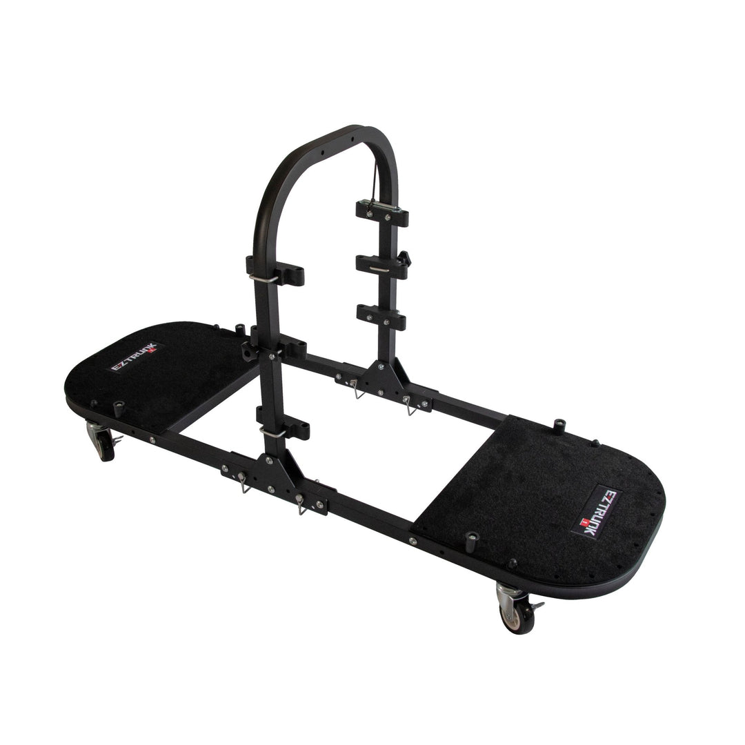 Expanded, empty EZ4X4 black door cart against white background, showing durable frame and ready-to-use storage design.