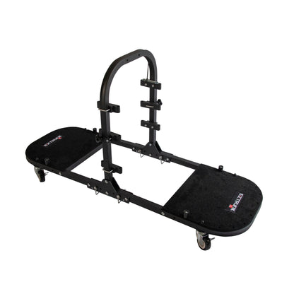 Expanded, empty EZ4X4 black door cart against white background, showing durable frame and ready-to-use storage design.