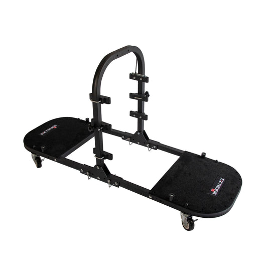 Expanded, empty EZ4X4 black door cart against white background, showing durable frame and ready-to-use storage design.