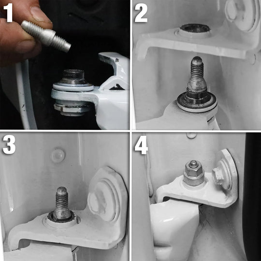Step-by-step images showing how to install a door alignment pin on a Ford Bronco with close-ups of pin, hinge, and technique.