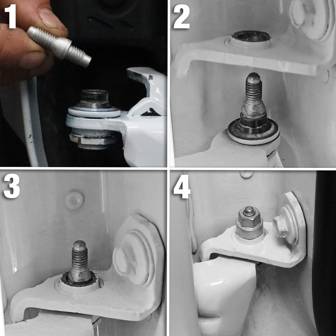 Step-by-step images showing how to install a door alignment pin on a Ford Bronco with close-ups of pin, hinge, and technique.