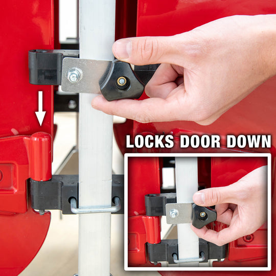 Close-up of door cart locking mechanism with secure clamps to keep vehicle doors firmly in place during storage and transport.