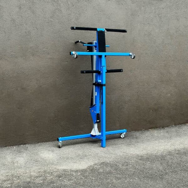 Close-up of blue steel hardtop lift tool, enabling safe and easy one-person removal of Jeep and Bronco hard top panels.