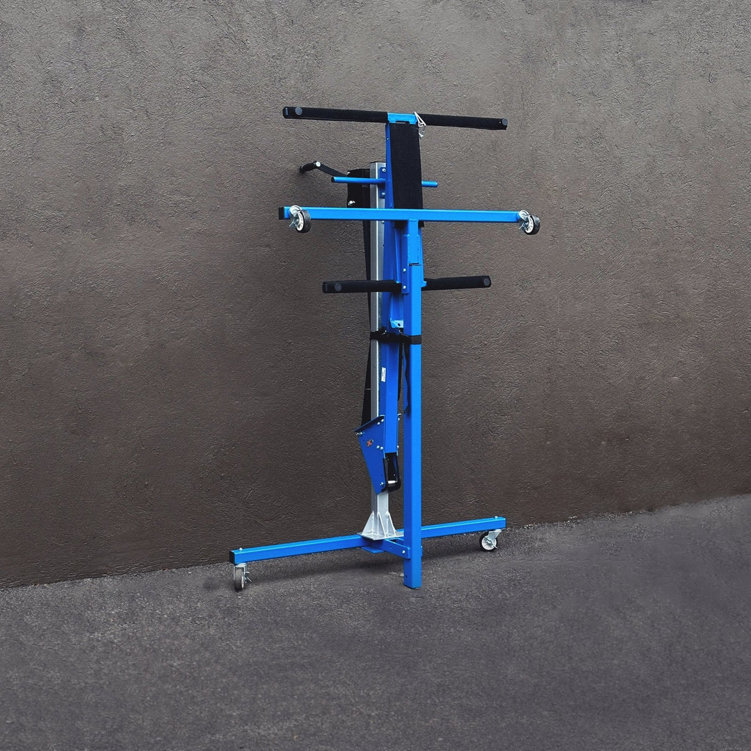 Front view of compacted blue steel hardtop lift tool, showing space-saving design for easy storage.