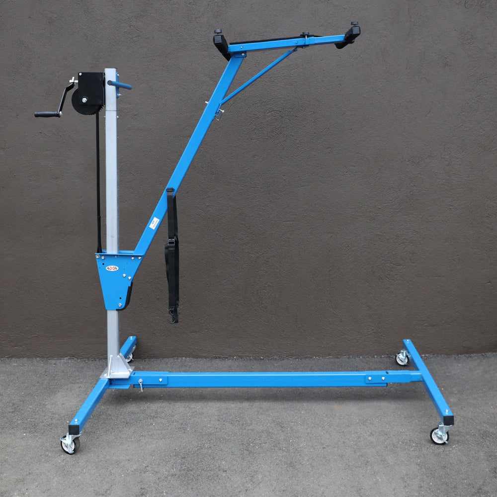 Side view of expanded blue steel hardtop lift tool, enabling safe and easy one-person removal of Bronco hard top panels.